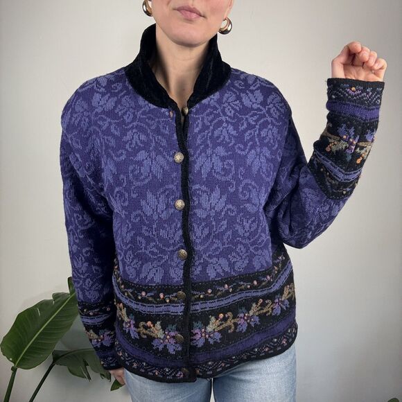 Vintage Icelandic Design Wool-Blend Floral Tapestry Cardigan Jacket, Medium - Picture 2 of 11